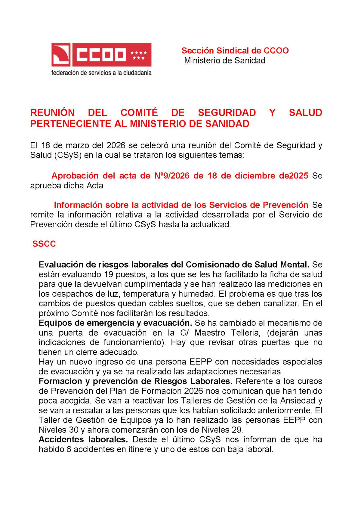 Reunión del comité de seguridad y salud perteneciente al Ministerio de Sanidad